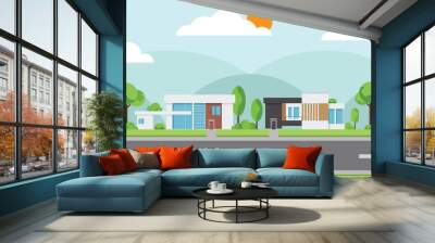 Landscape of modern houses with tree and clouds and along the roads, Modern building and architecture along the roads, Flat home vector illustration. Wall mural