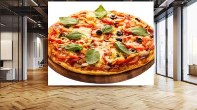 Delicious pizza served on wooden plate isolated on white Wall mural