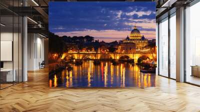 Night view of old Sant' Angelo Bridge  and St. Peter's cathedral in Vatican City Rome Italy. Wall mural