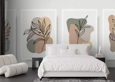 Botanical wall art abstract vector set. Foliage line drawing. Neutral boho art print. Minimal mid century wall art print for bedroom decor. Gallery decor poster, terracota watercolor. Vector poster Wall mural