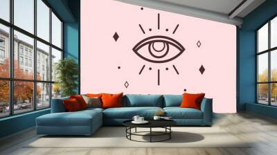 Mythical eye for esoteric and occult. Magic eye line art logo for print and fashion. Eye line sign and myth icon on beige. Boho object, vector bohemian or occult element Wall mural