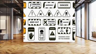 Signs warning of the danger - fire, high voltage, toxic, temperature. Caution Warning Sign Sticker. Editable vector stroke. Set of warning signs for attention and caution. Danger notice vector Wall mural