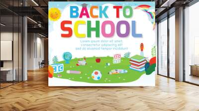 Back to school background poster. school supplies on the grass, welcome back to school banner ,Cute school kids.education concept, Template for advertising brochure, your text ,Vector Illustration Wall mural