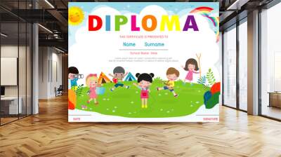 Certificate kids diploma, kindergarten template layout space background frame design vector. Preschool Kids Diploma,Certificate of children diploma, education preschool concept. Vector Illustration Wall mural