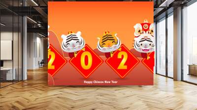 Four little tiger holding a sign golden and gold ingots, Happy chinese new year 2022 year of the tiger zodiac, gong xi fa cai Cartoon isolated vector illustration, Translation chinese New Year. Wall mural