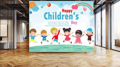 Happy children's day background poster with happy kids vector illustration Wall mural