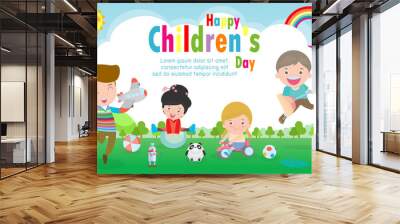 Happy children's day background poster with happy kids vector illustration Wall mural