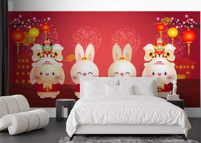 Happy Chinese new year 2023 greeting card background cute little rabbit bunny, year of the rabbit zodiac, gong xi fa cai banner template cartoon character illustration graphic design png style Wall mural