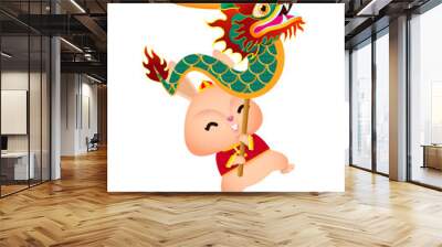 happy chinese new year 2023 year of the rabbit, cute little bunny performs dragon dance, gong xi fa  Wall mural