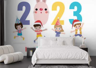 Happy new year 2023 greeting card Colorful Merry Christmas kids background, happy children with party HNY, year of the rabbit banner Template for advertising brochure. poster Vector Illustration Wall mural