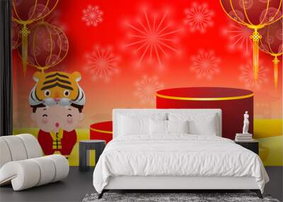 podium round stage podium product display and paper art chinese new year year of the tiger zodiac wi Wall mural