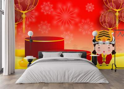 podium round stage podium product display and paper art chinese new year year of the tiger zodiac wi Wall mural