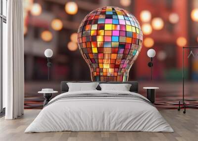 A colorful mosaic light bulb stands prominently with a blurred background, showcasing creativity and vibrant illumination. Wall mural