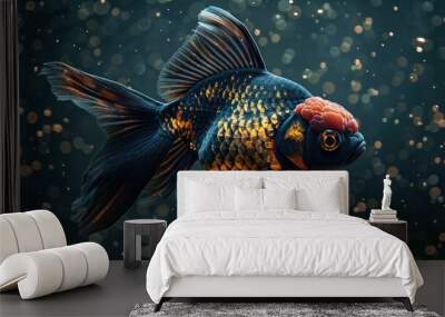 Black and Red Goldfish with Golden Scales in Water. Wall mural