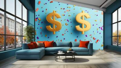 Golden Dollar Signs with Confetti on Blue Background. Wall mural