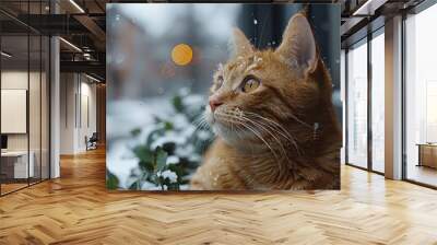 Grey tabby kitten with big green eyes, looking cutely at the camera, sits on a snow-covered tree branch Wall mural