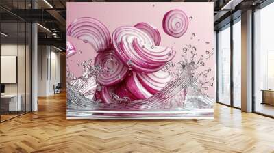 Red Onion Slices Splashing into Water. Wall mural