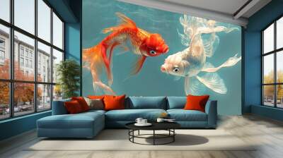 Two Goldfish Swimming in a Blue Water Tank. Wall mural