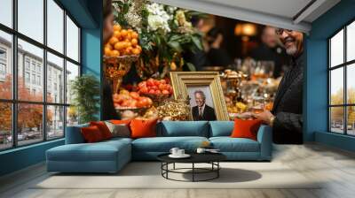 An elegant indoor celebration set up for a retirement party, showcasing a table adorned with gold and silver decorations, a framed photo collage of the retiree's career, and guests dressed in formal Wall mural