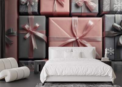 Close-up, precisely arranged gifts form a grid pattern, trendy pink and grey Christmas seasonal background, stylish and festive, clean lines and symmetry. Wall mural