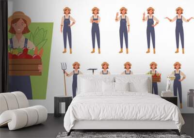 Female farmer character set. Different poses and emotions. Vector illustration in a flat style Wall mural