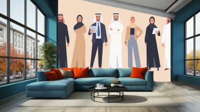 group of arab man and woman business people standing together in traditional islamic clothes . Arabic characters businessmen and businesswomen. Vector illustration in a flat style Wall mural