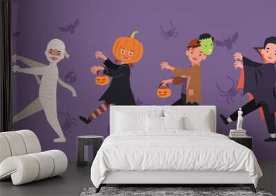 Halloween parade, children in monster costume walking together. Vector illustration in a flat style Wall mural