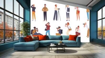 Set of various photographers holding photo camera and photographing.  Cute female and male cartoon characters take photo shot. Vector illustration in a flat style Wall mural