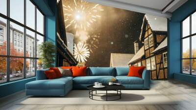 Christmas Eve Fireworks Over Snowy Town Wall mural