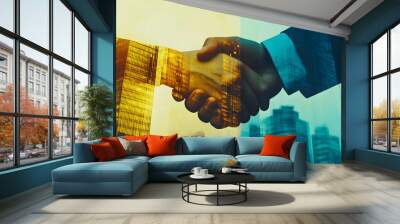 A close-up of two hands shaking, overlayed with a city skyline, symbolizing partnership and collaboration in a professional setting. Wall mural