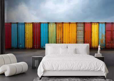 A colorful wall of shipping containers against a cloudy sky, showcasing vibrant hues like red, blue, yellow, and green, creating an industrial yet dynamic visual impact. Wall mural