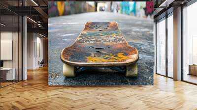 An old-school skateboard adorned with graffiti art on its deck. Wall mural