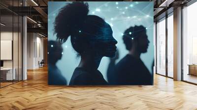 Silhouetted figures against a tech-inspired backdrop, showcasing digital connections and innovation through data visualization. Wall mural