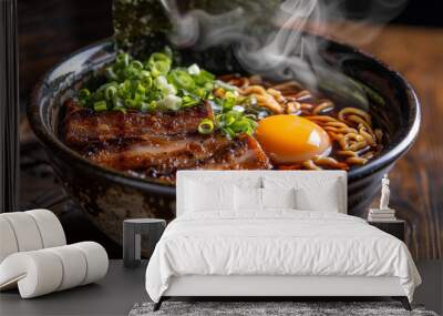 A steaming bowl of ramen with perfectly cooked noodles  Wall mural