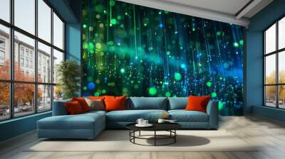 An abstract image of glowing digital light streams in vibrant green and blue hues, representing technology and data flow Wall mural