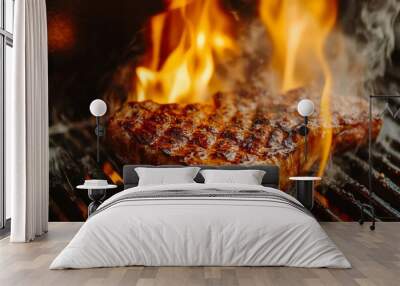 Close-up of a juicy steak grilling over flames. Wall mural