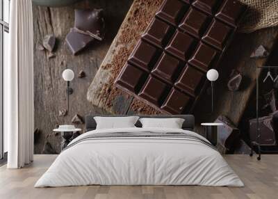 Dark Chocolate Bar and Pieces on Wooden Board. Wall mural