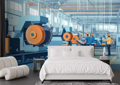 Industrial Factory Workers Operating Machinery. Wall mural