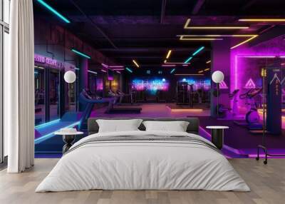 Neon Lit Modern Fitness Studio. Wall mural