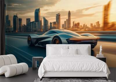 Sports Car Driving Through City at Sunset. Wall mural