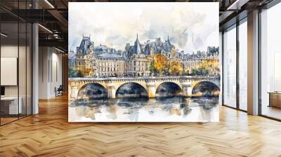 Watercolor Painting of a Bridge in Paris Wall mural