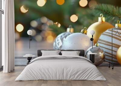 Festive ornaments adorning a wooden surface surrounded by glimmering lights for a joyous holiday atmosphere Wall mural