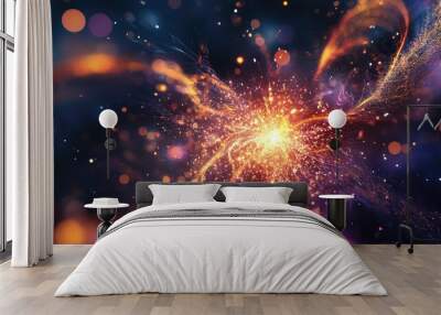 A close-up of a sparkling firecracker with bright colors bursting against a dark sky for Diwali. Wall mural