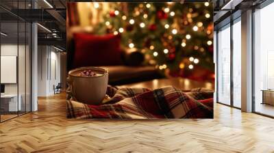 A cozy Christmas nook with a plaid blanket, hot cocoa, and a decorated tree in the background. Focal point. No people. No logo. Wall mural