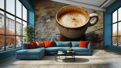 A cup of coffee with a rich crema, on a distressed wooden table with visible texture, creating a cozy mood. No logo, no people. Wall mural