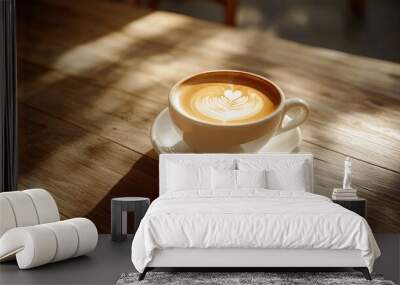 A cup of coffee with latte art on a natural wooden table, surrounded by subtle sunlight. No logo, no people. Wall mural