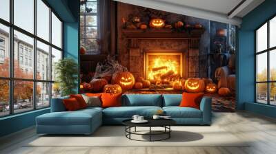 A damaged living room with a glowing fireplace, pumpkins on the floor, and minimal Halloween decor. Focal point on the fires warm light. No people. Wall mural