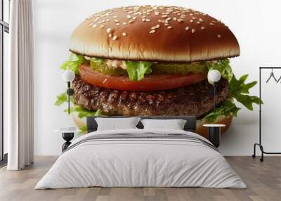 A juicy, grilled halal beef burger with fresh lettuce and tomatoes, placed on a simple white surface. Wall mural