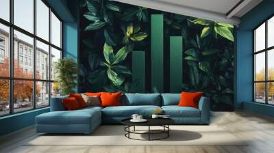 A minimalistic green bar graph intertwined with lush foliage, representing the balance between growing economies and protecting nature. Wall mural