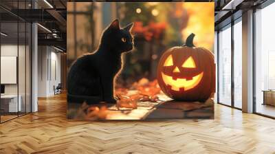 A realistic black cat sitting near a Halloween pumpkin, both illuminated by the warm glow of late afternoon sunlight. Wall mural